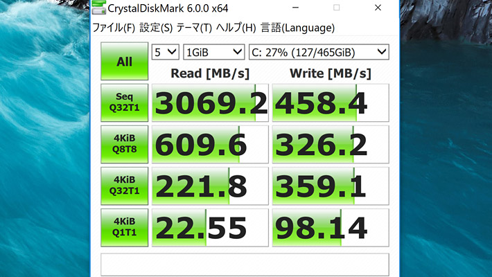 最後にCrystalDiskMark6による、ストレージの読み書きの性能になります。 さすが、PCIeソリッドステートドライブは256GB SSDを搭載した「DELL NEW XPS 13（9370）」というスコア