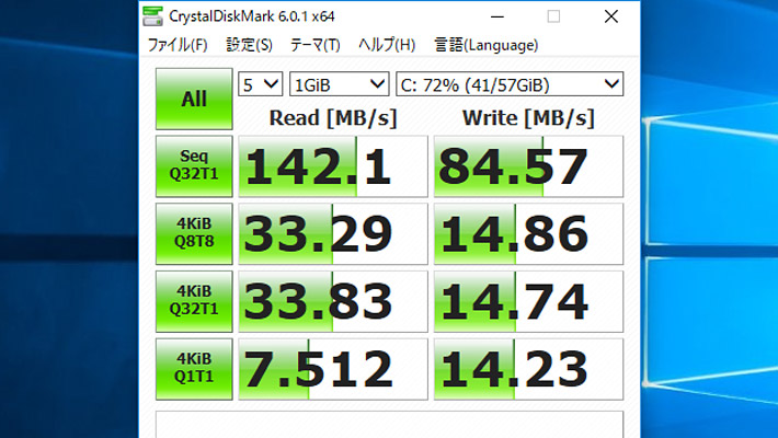 最後にCrystalDiskMark6による、ストレージの読み書きのベンチマークになります。 「ASUS TransBook mini H103HAF」は64GB eMMCストレージなので、HDDよりは早くSSDよりは遅いといった具合です。