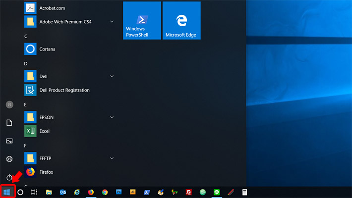 デスクトップ画面を開いた後、画面左下のWindowsのロゴマーク（スタートメニュー）をクリックします。