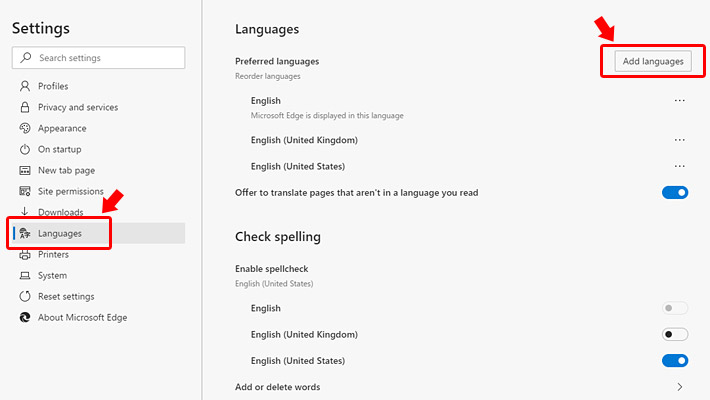 するとEdgeの「設定」画面が開きますので、左メニューの「Languages（言語）」をクリックします。「Languages」の設定画面が開いたら、画面右側の「Add languages」をクリックします。