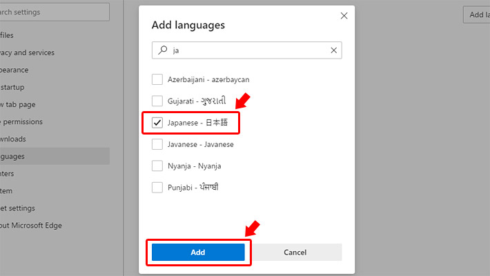 追加する言語を選択します。 今回は、言語を日本語にしたいので、検索ボックスに「ja」と入れて「Japanese - 日本語」を選択します。最後に「Add」をクリックして日本語を追加します。