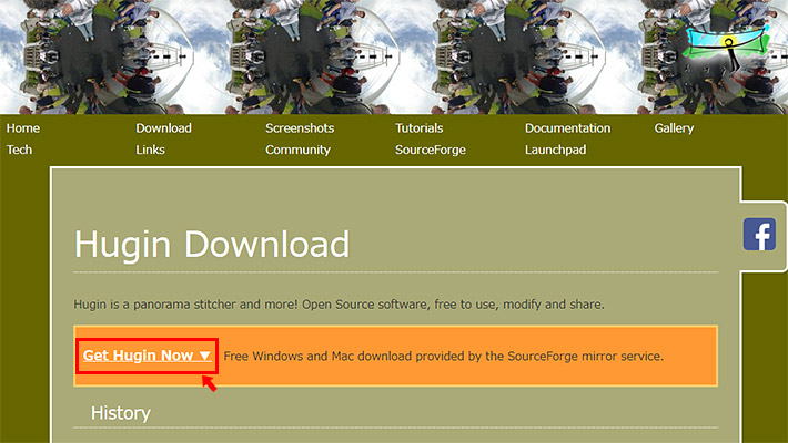 Huginのダウンロードページが表示されますので、「Get Hugin Now ▼」をクリックすると、ダウンロードが始まります。