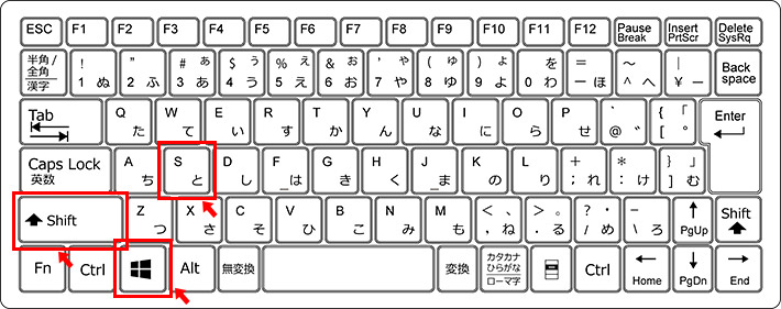 キーボードの「Windows」キーと「Shift」キーと「S」キーを同時に押します。すると「Snipping」ツールが起動して「図形を描画して画面切り取り領域を作成する」と表示されます。