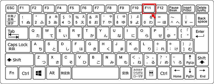 参考までに「F11」キーの場所は、キーボードの上の方に並んでいる「F1」～「F12」にキーになります。