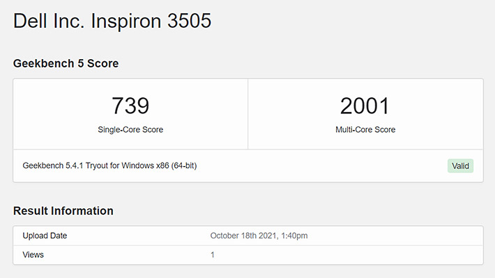 まずは、CPUベンチマークスコアですが、シングルコアが739、マルチコアが2001でした。次世代のAMD Ryzen 5 5500Uを搭載した「DELL Inspiron 15(5515)」と比べると、あまり良くないスコアですね。。。