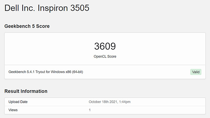 次にGPUベンチマーク（OpenCL Score）ですが、スコアは3609でした。「DELL Inspiron 15(5515)」では10115だったのですが、インテルのオンボード グラフィック（Intel UHD Graphics）と同じくらいのスコアになってしまっています。