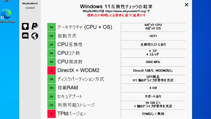 この時点で「WhyNotWin11」を使って、Windows 11にアップグレード出来るか見てみましょう。このようにWDDM2とTPMに対応していない為、アップグレードが出来ない状態となっています。