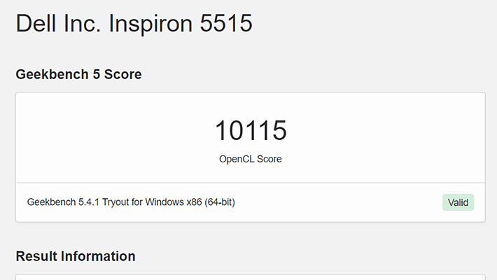 まずは、GPUベンチマーク（OpenCL Score）ですが、スコアは10115でした。インテルのオンボードグラフィック（Intel UHD Graphics）よりも、AMDの方がスコアが良くなっており、よりコスパが良くなりますね。