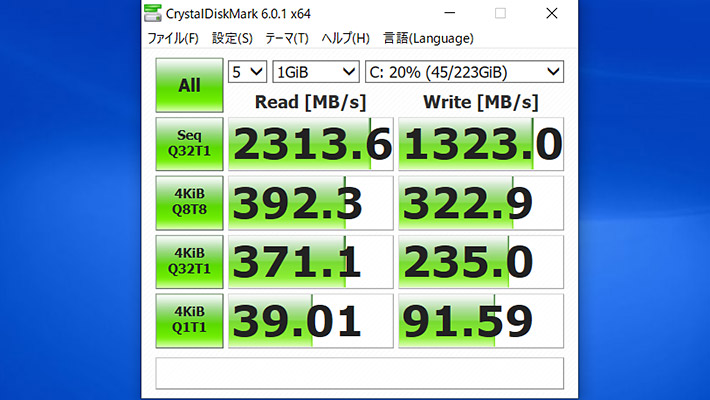 最後にCrystalDiskMark6による、ストレージの読み書きのベンチマークになります。 さすが、PCIe NVMe M.2 ソリッドステートドライブは256GB SSDを搭載しているだけあって、快適なスコアを出していますね。